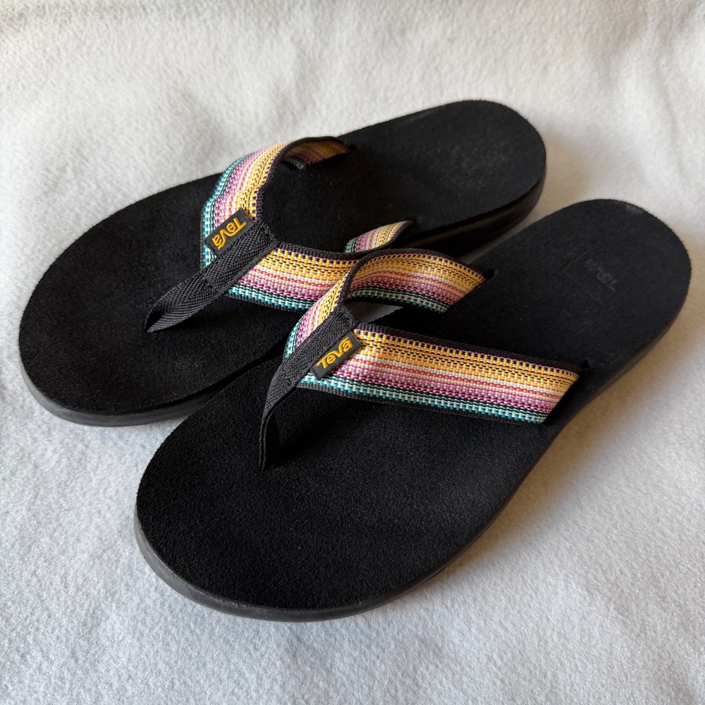Teva Mush II Black Multi Color Striped Flip Flops Womens Size 9 1019040